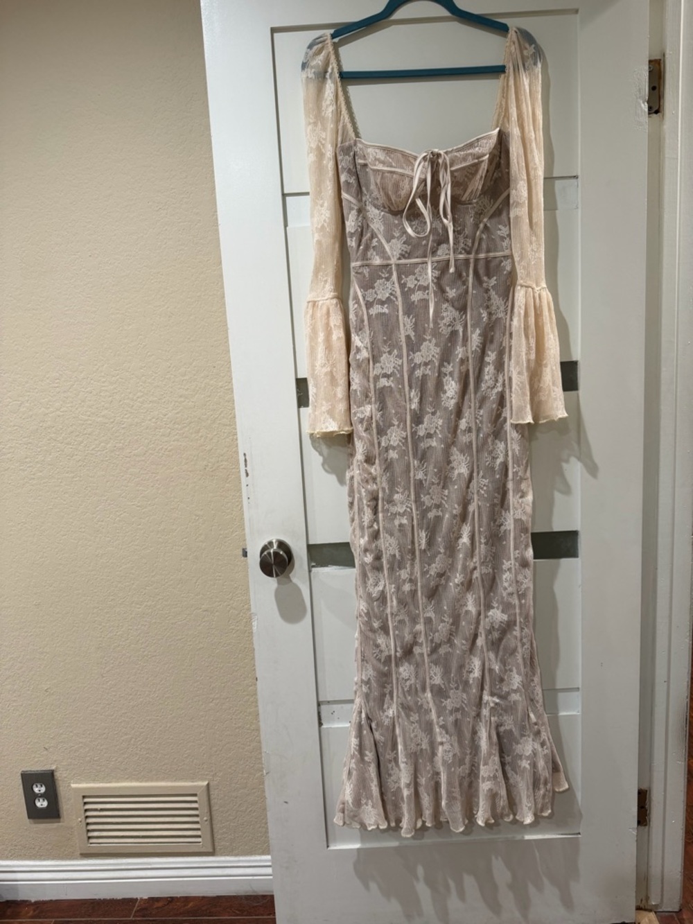 House of CB Lace Overlay Long Sleeve Maxi Dress in Ivory